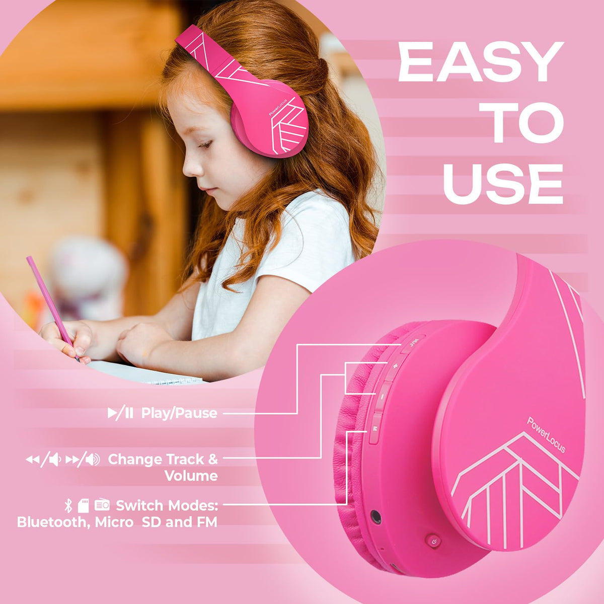 PowerLocus Kids Headphones Over-Ear, Bluetooth Wireless Headphones for Kids,with Microphone, Safe 85DB Volume Limited, Foldable with Carry Case, Audio Cable, Micro SD mode for Online Classes,PC,Phones