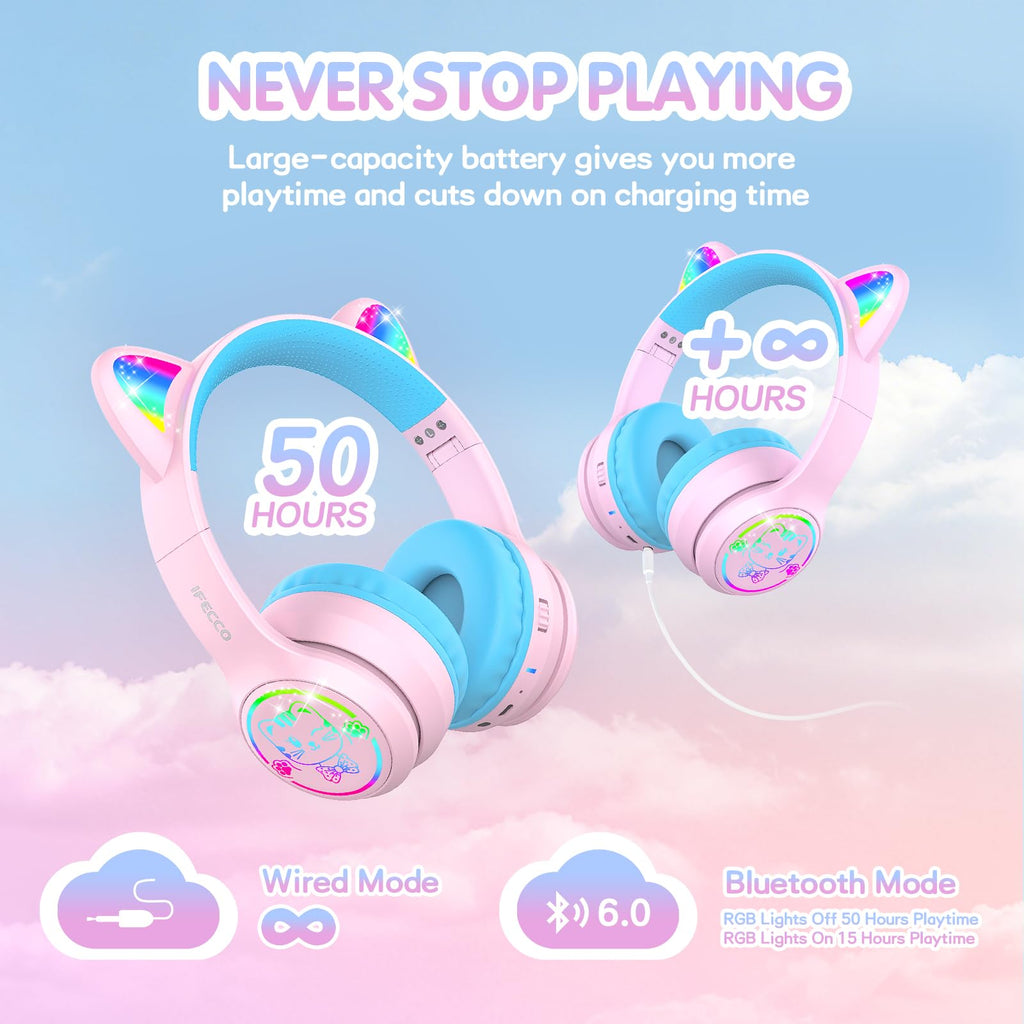 IFECCO Kids Bluetooth Headphones with Case,Cute LED Light Up Cat Ears