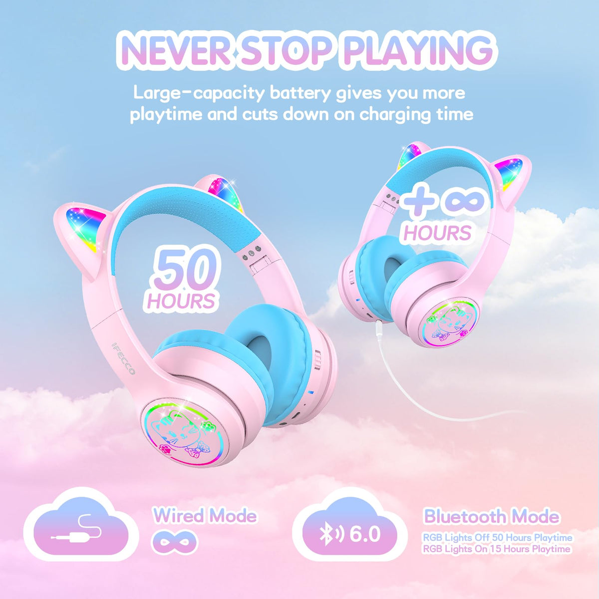 IFECCO Kids Bluetooth Headphones with Case,Cute LED Light Up Cat Ears