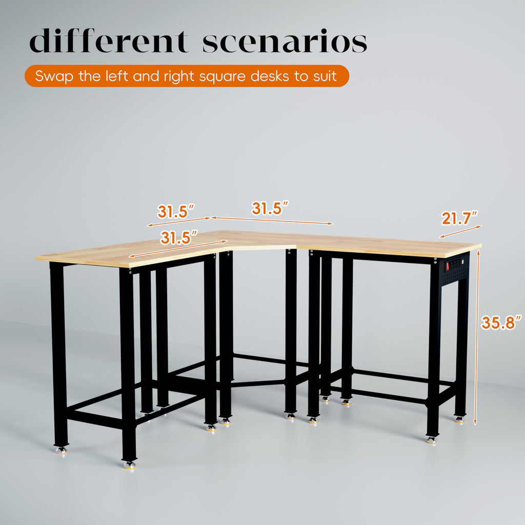 Betterhood 48" Heavy-Duty Adjustable Workbench for Garage, Rubber Wood Shop Table W/Metal Wheels, Hardwood Workstation Weight Capacity Over 2000 Lbs with Wheels