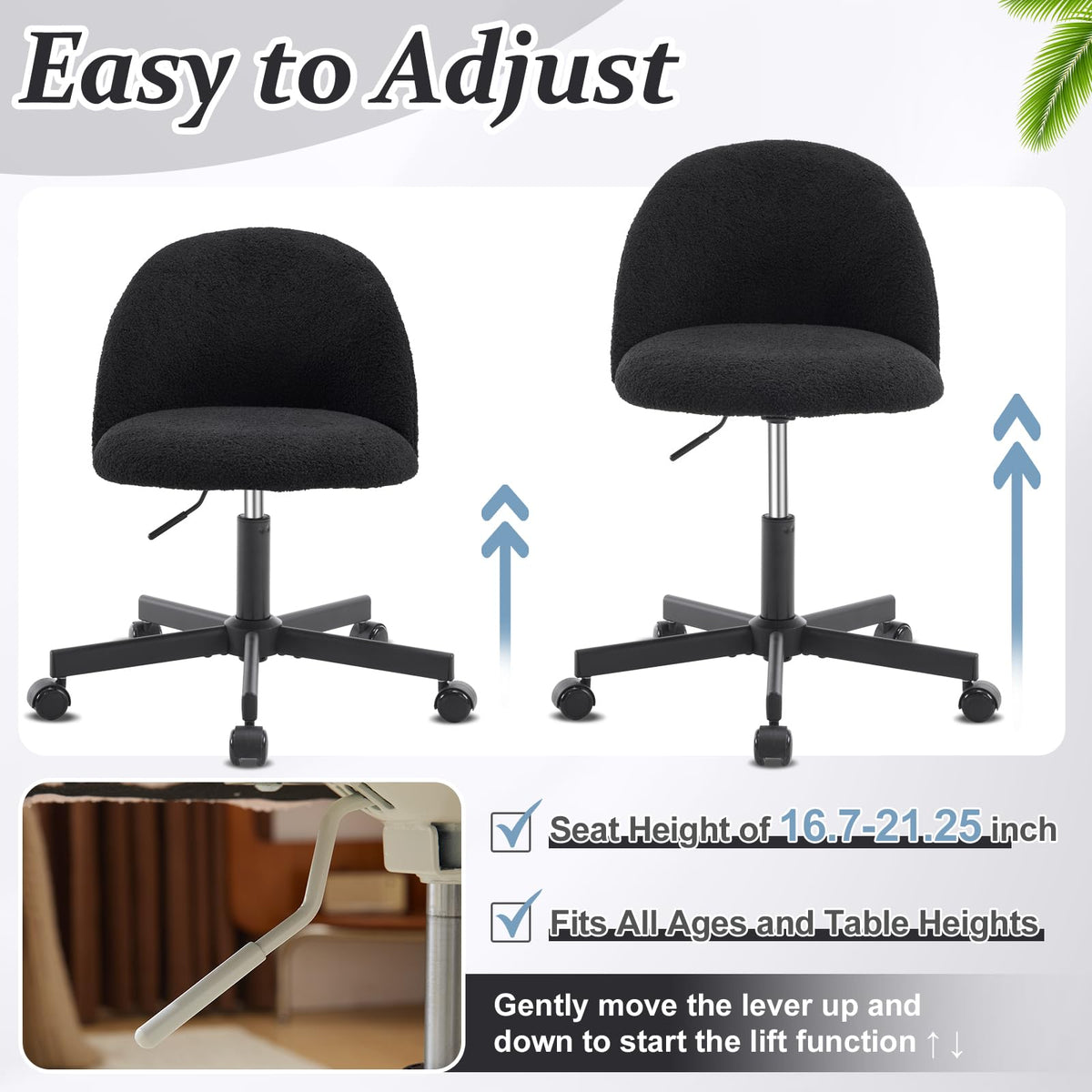 VINGLI Cute Candy Chair Armless Comfy Small Office Desk Vanity Chair with Wheels & Lumbar Support,Teddy Adjustable Rolling Swivel Computer Task Ch for Home Office,Bedroom,Gentle Pink