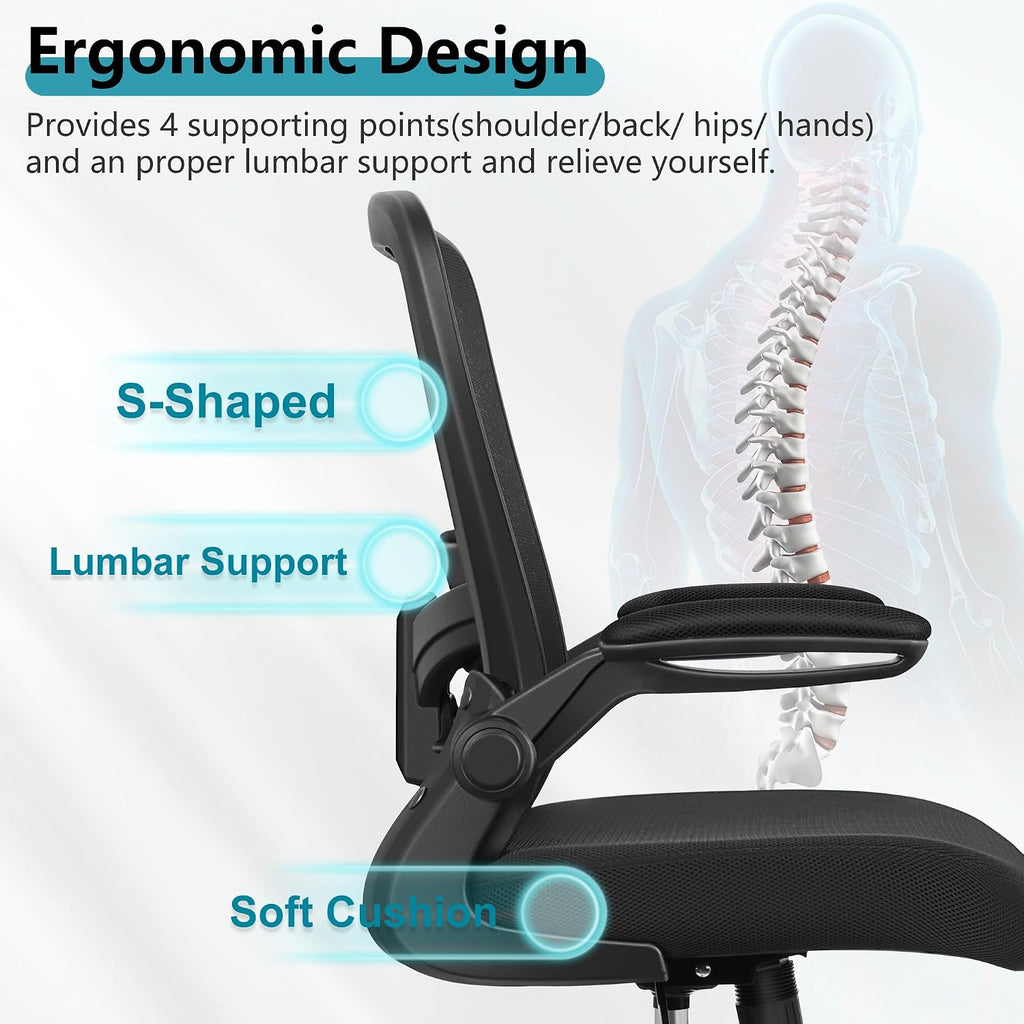 FelixKing Office Chair, Ergonomic Desk Chair Breathable Mesh Chairs Adjustable High Back Lumbar Support Flip-up Armrests, Executive Rolling Swivel Comfy Computer Chairs Home Office Black