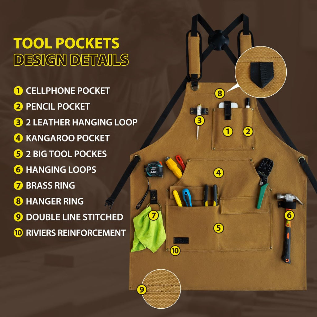 ROTANET Woodworking Apron for Men, Waterproof Canvas Work Aprons for Shop