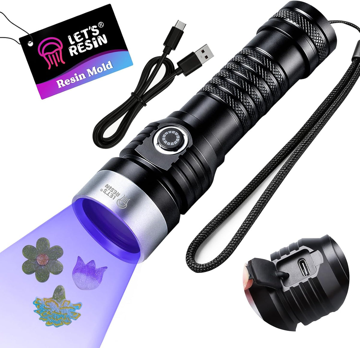 LET'S RESIN 365nm UV Flashlight, 7 LEDs, USB-C Rechargeable, 3000 mAh