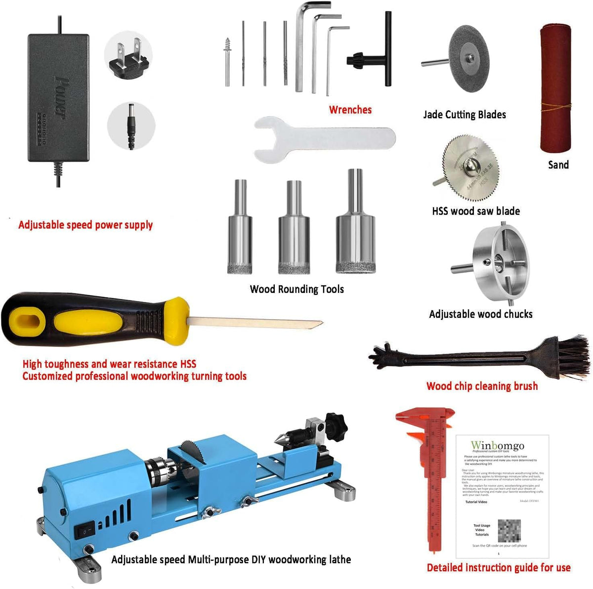 Mini Lathe Wood Lathe Machine Multi-Purpose Type Lathe Milling Cutting Grinding Polishing Professional Table Top Lathe Tool Kit