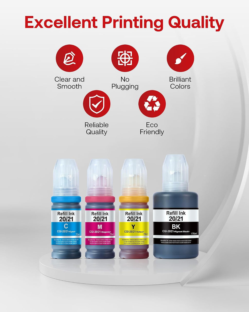 GI-20 GI-21 Refill Ink Replacement for GI20 GI21 Ink Refill Bottles Kit Compatible with Canon PIXMA G6020 G7020 G5020 G5030 G3260 G3270 G2260 G1220 G1230 G2270 MegaTank, 4-Pack 170ML Black, 70ML Color