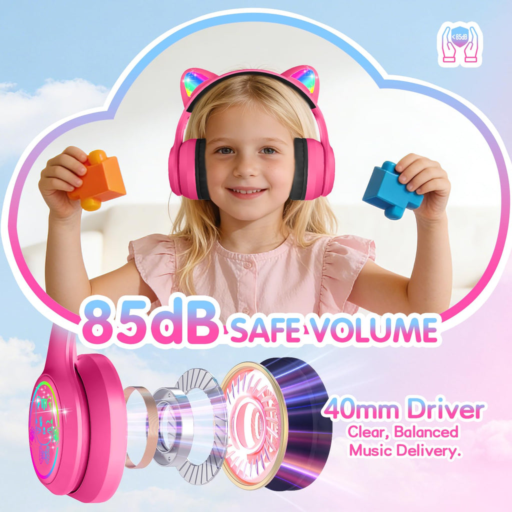 IFECCO Kids Bluetooth Headphones with Case,Cute LED Light Up Cat Ears