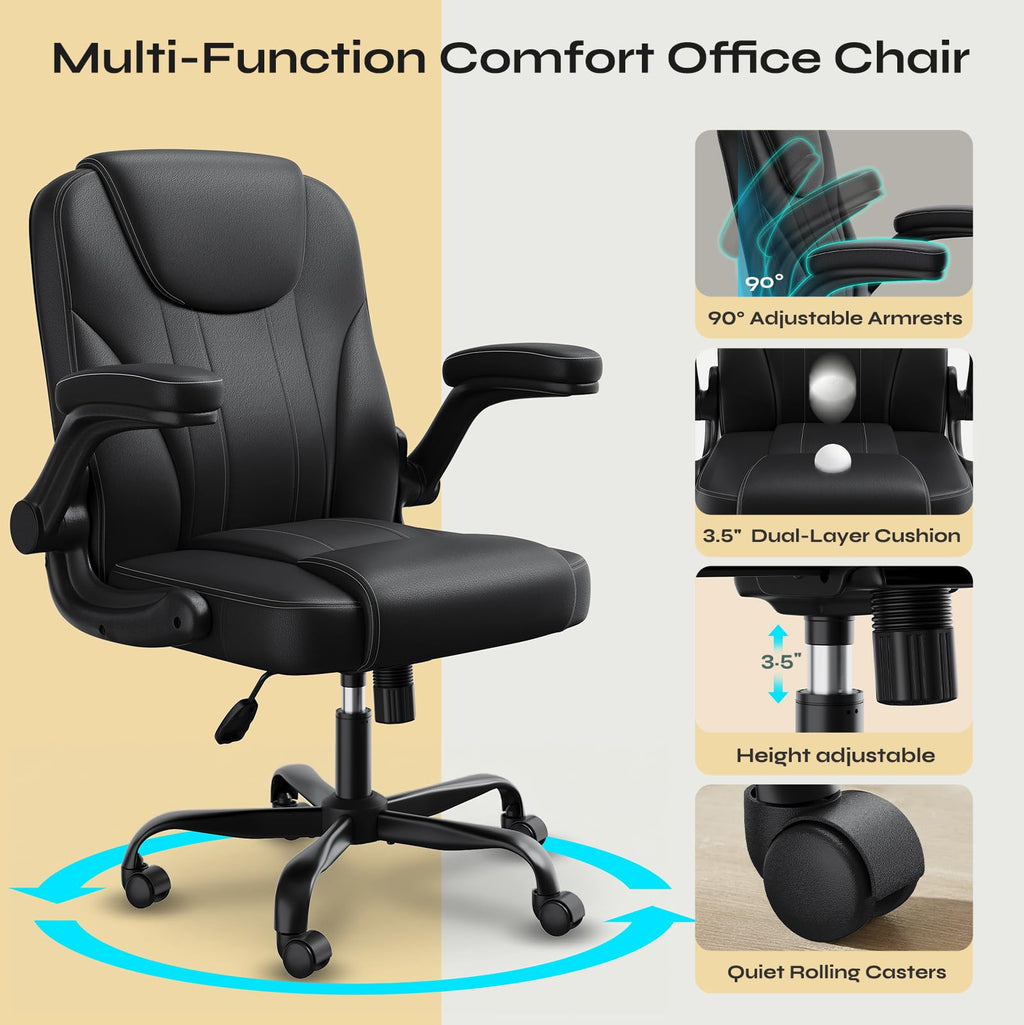 PU Leather Mid-Back Office Chair, Flip-Up Arms, 3.5" Dual-Layer Cushion