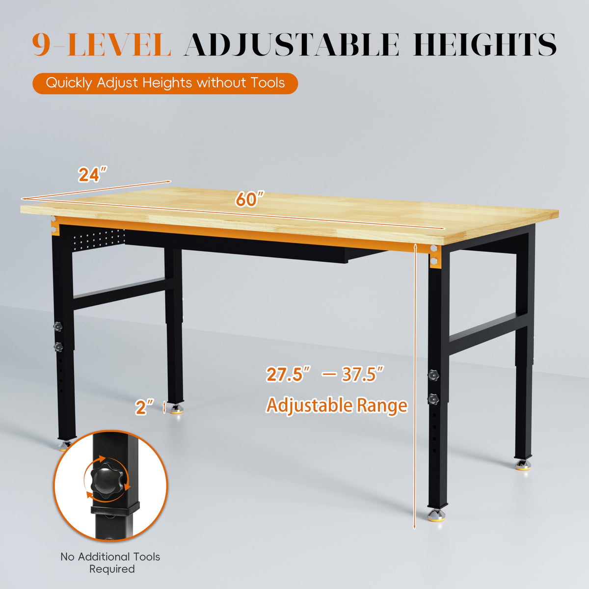 Betterhood 48" Heavy-Duty Adjustable Workbench for Garage, Rubber Wood Shop Table W/Metal Wheels, Hardwood Workstation Weight Capacity Over 2000 Lbs with Wheels
