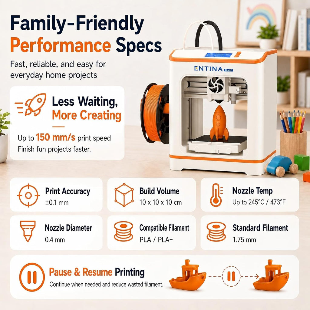 Entina Tina2C 3D Printer for Beginners, Fully Assembled Starter Mini 3D Printer, Start in 8 Mins, App & WiFi Control, Auto Leveling, 3500+ Model Library, 25+ Creative DIY Modules for STEM, Home