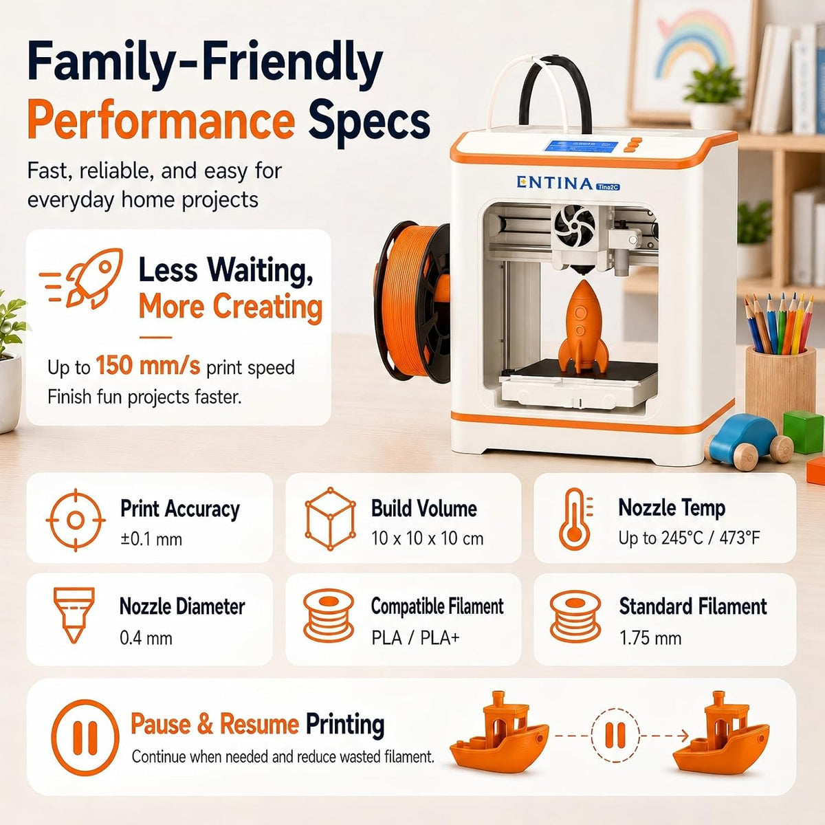 Entina Tina2C 3D Printer for Beginners, Fully Assembled Starter Mini 3D Printer, Start in 8 Mins, App & WiFi Control, Auto Leveling, 3500+ Model Library, 25+ Creative DIY Modules for STEM, Home