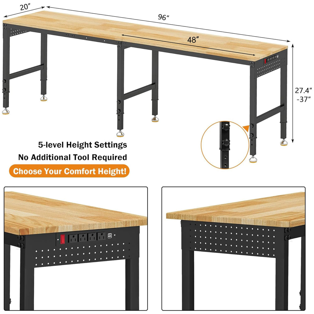 Betterhood 48" Heavy-Duty Adjustable Workbench for Garage, Rubber Wood Shop Table W/Metal Wheels, Hardwood Workstation Weight Capacity Over 2000 Lbs with Wheels