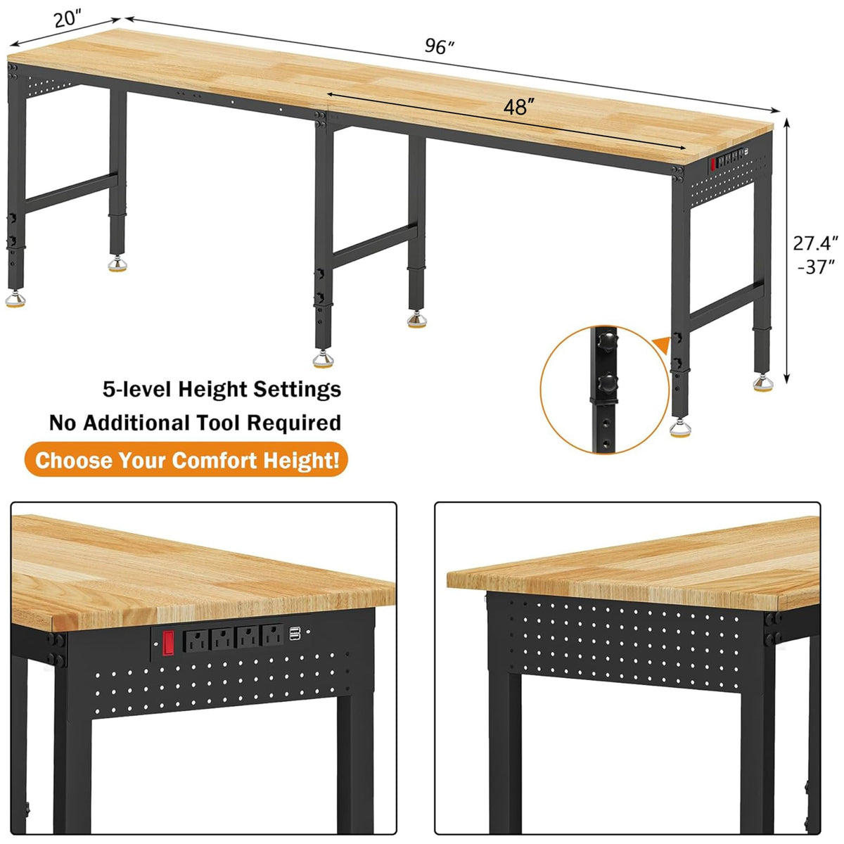 Betterhood 48" Heavy-Duty Adjustable Workbench for Garage, Rubber Wood Shop Table W/Metal Wheels, Hardwood Workstation Weight Capacity Over 2000 Lbs with Wheels