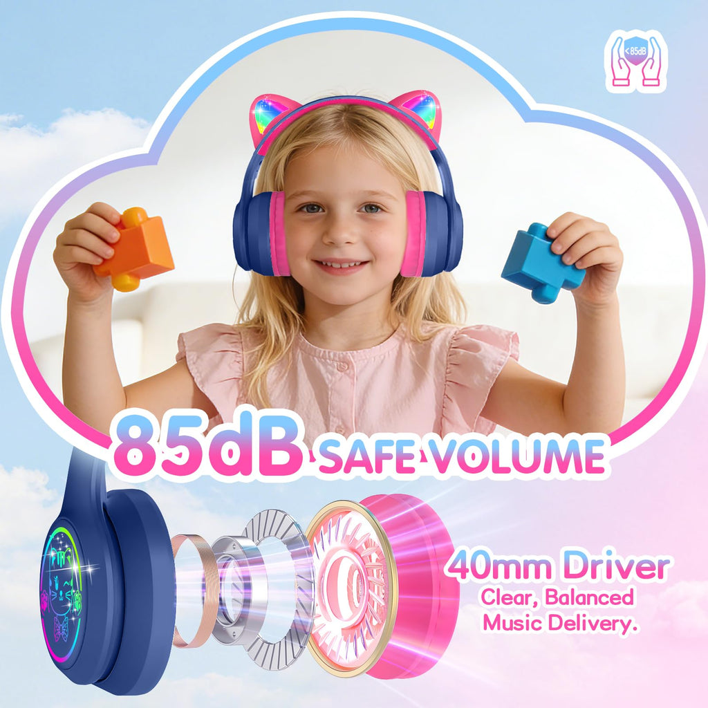 IFECCO Kids Bluetooth Headphones with Case,Cute LED Light Up Cat Ears