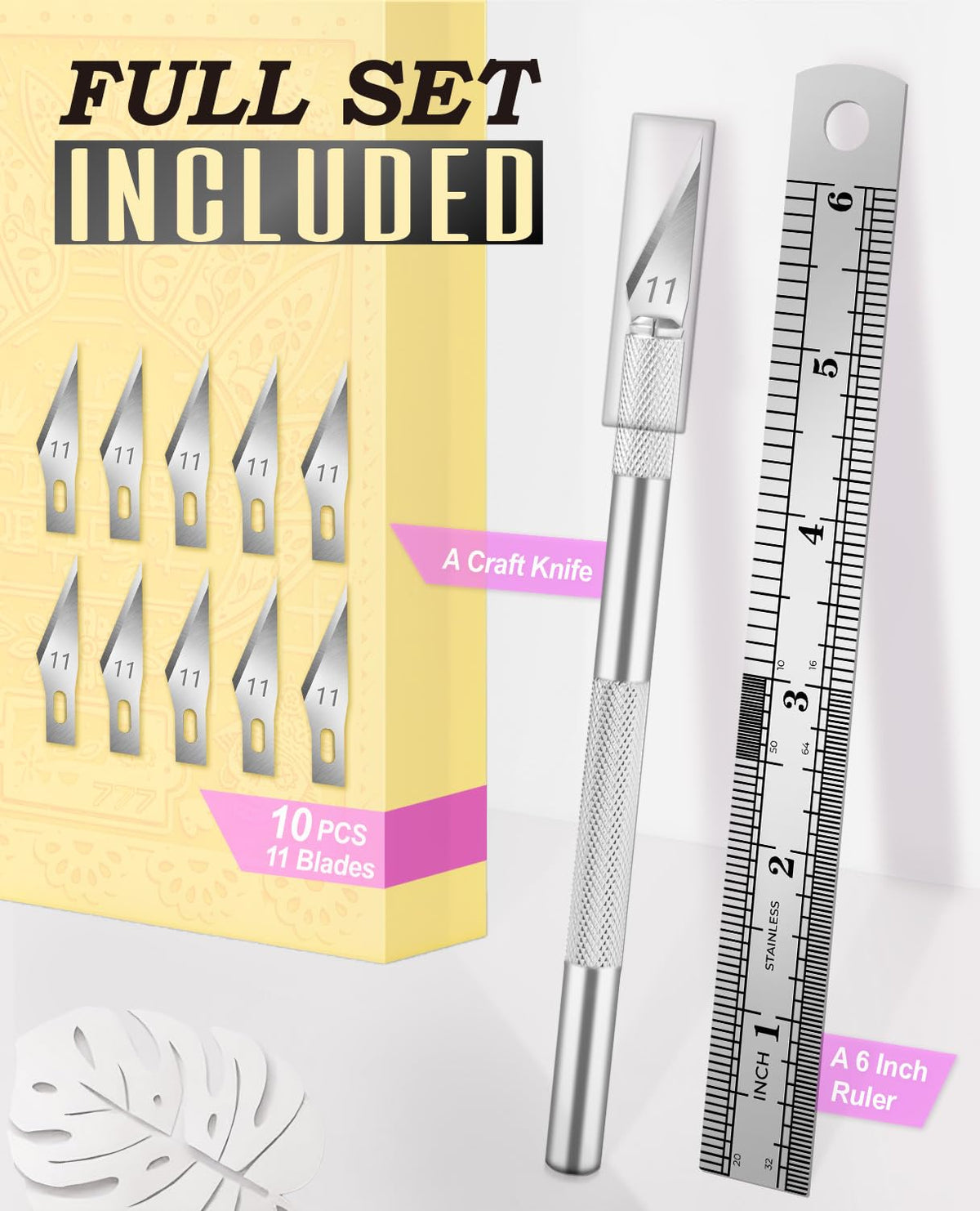 DIYSELF Craft Hobby Knife Set with 10 Extra #11 Blades, 6-Inch Metal Ruler