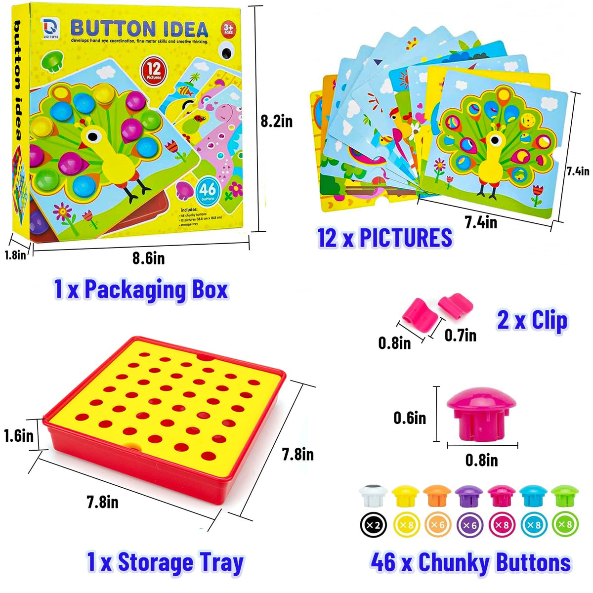 Button Art Toys for Toddlers Ages 3+, Mosaic Peg Board