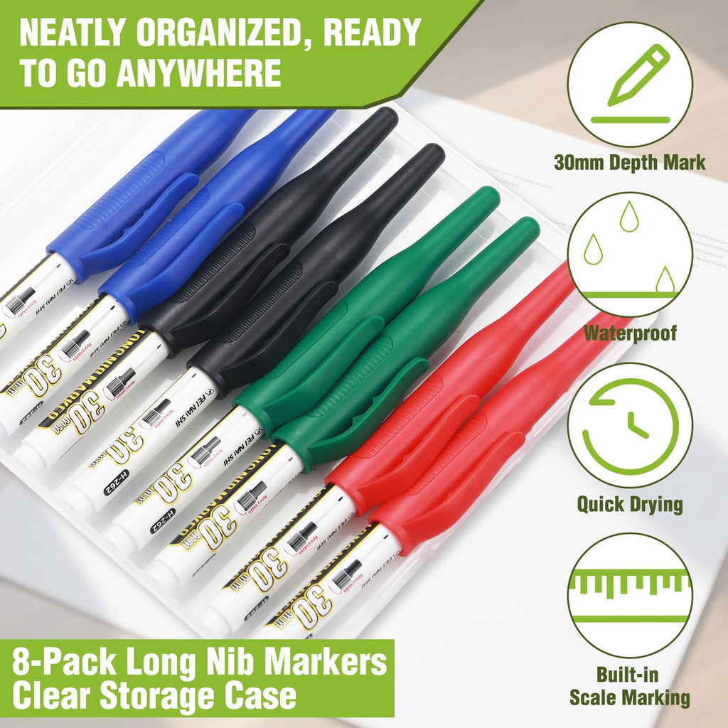 8pcs Long Nib Marker, Long Head Deep Hole Marker Pens, Waterproof Construction Markers Marking Tool, Multi-Purpose Deep Reach Pen Makes For Metal, Carpenter, Woodworking, Gift for Father's Day