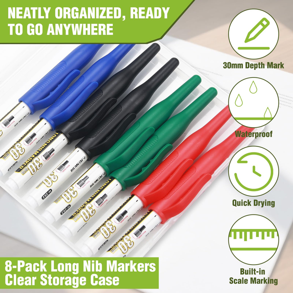 8pcs Long Nib Marker, Long Head Deep Hole Marker Pens, Waterproof Construction Markers Marking Tool, Multi-Purpose Deep Reach Pen Makes For Metal, Carpenter, Woodworking, Gift for Father's Day