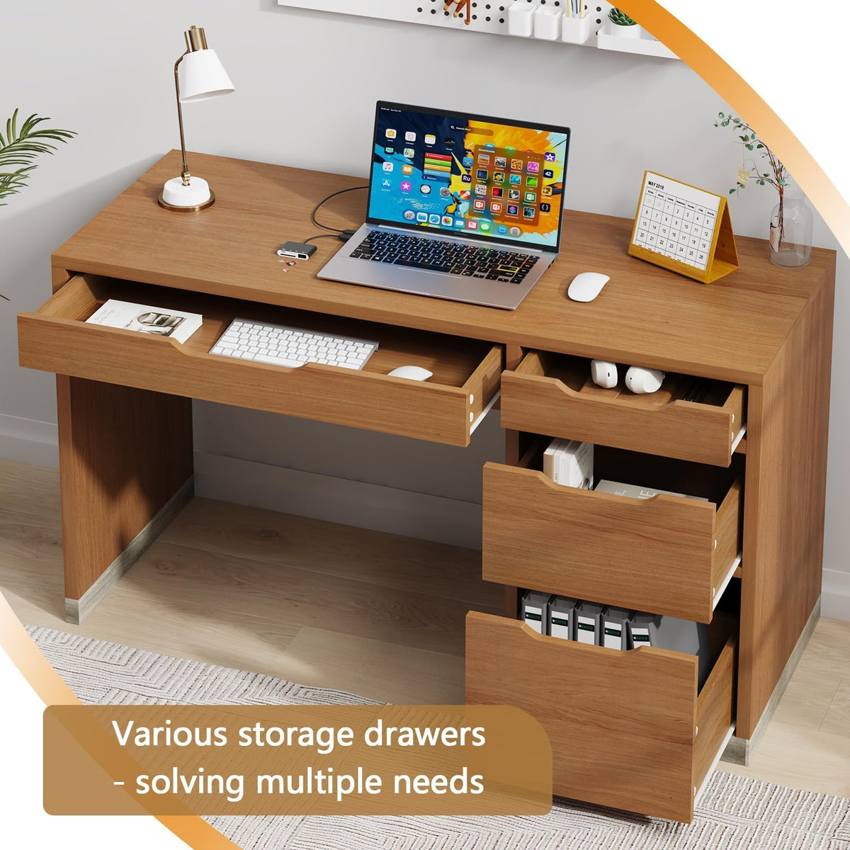 MaverickFurni White Desk with Drawers, 48 Inch Small Computer Desk