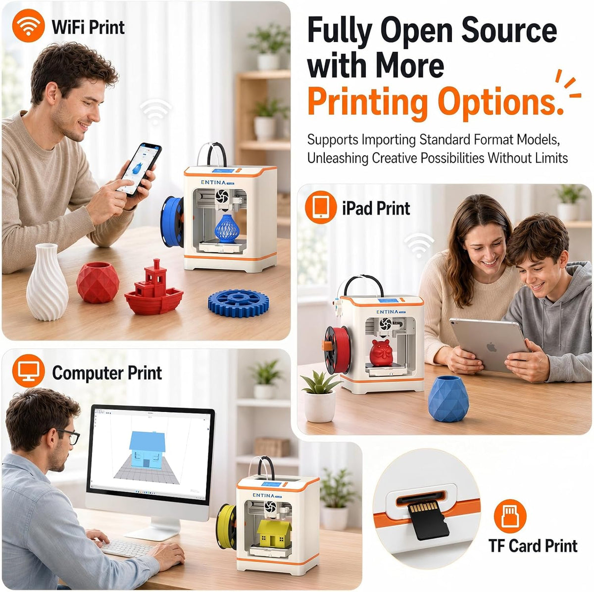 Entina Tina2C 3D Printer for Beginners, Fully Assembled Starter Mini 3D Printer, Start in 8 Mins, App & WiFi Control, Auto Leveling, 3500+ Model Library, 25+ Creative DIY Modules for STEM, Home