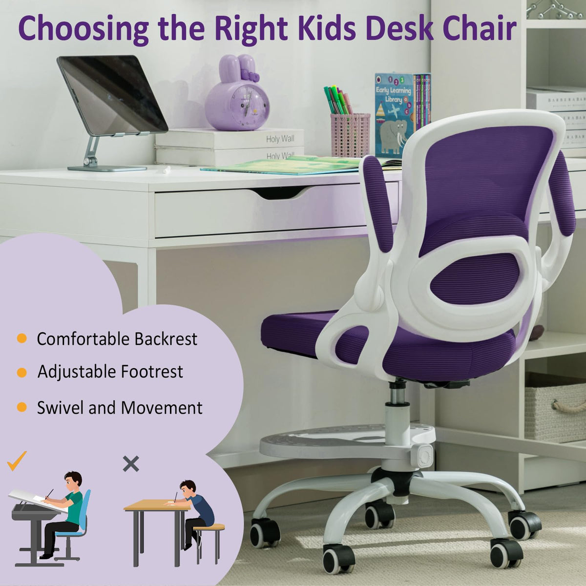 Kids Desk Chair,Ergonomic Study Chair with Adjustable Height,Swivel Mesh Desk Chair with Wheels,Home Office Chair for Children in Home Bedroom Blue
