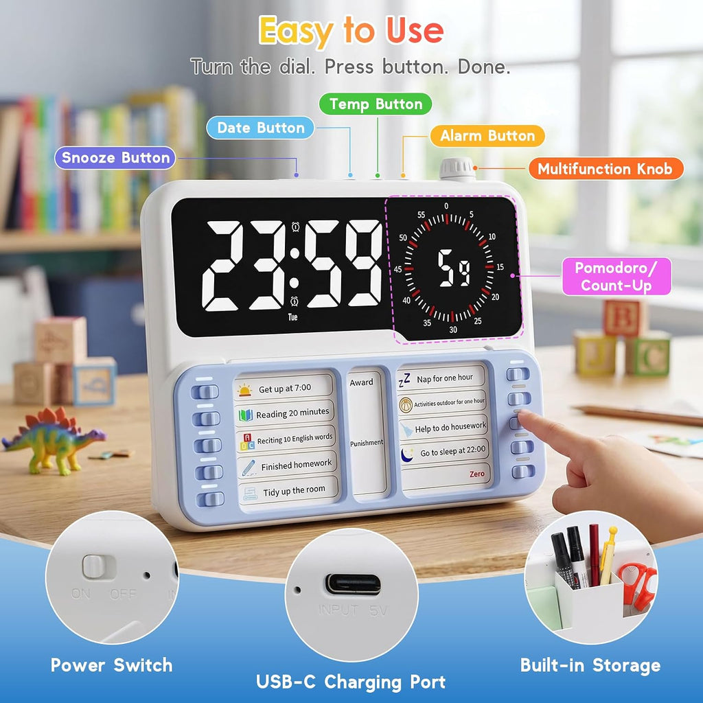 7-in-1 Visual ADHD Timer for Kids with Chore Chart Board, ADHD Tools Schedule for Kids with Autism, Alarm, Countdown, Date, Temperature, Storage, Daily Checklist for Home/School/Classroom/Desk(Blue)