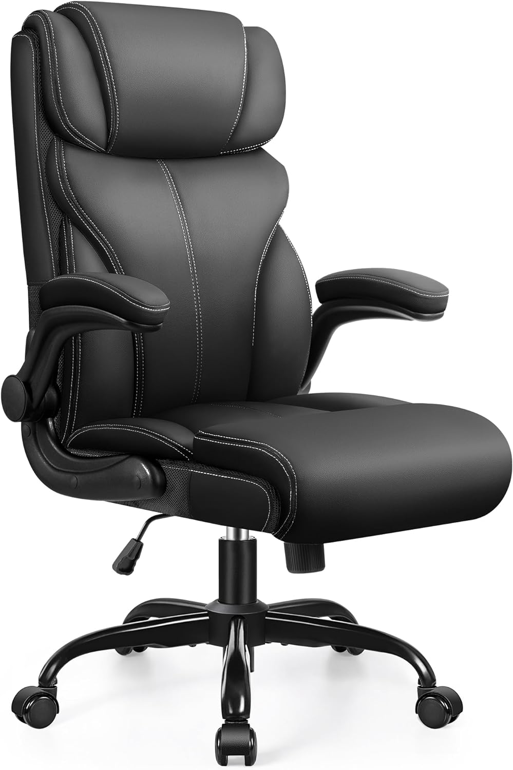 HeroSet Office Chair, Ergonomic Big and Tall Computer Desk Chairs, Executive Breathable Leather Chair with Adjustable Flip-up Armrests, Lumbar Support Swivel PC Chair with Rocking Function,Matte Black