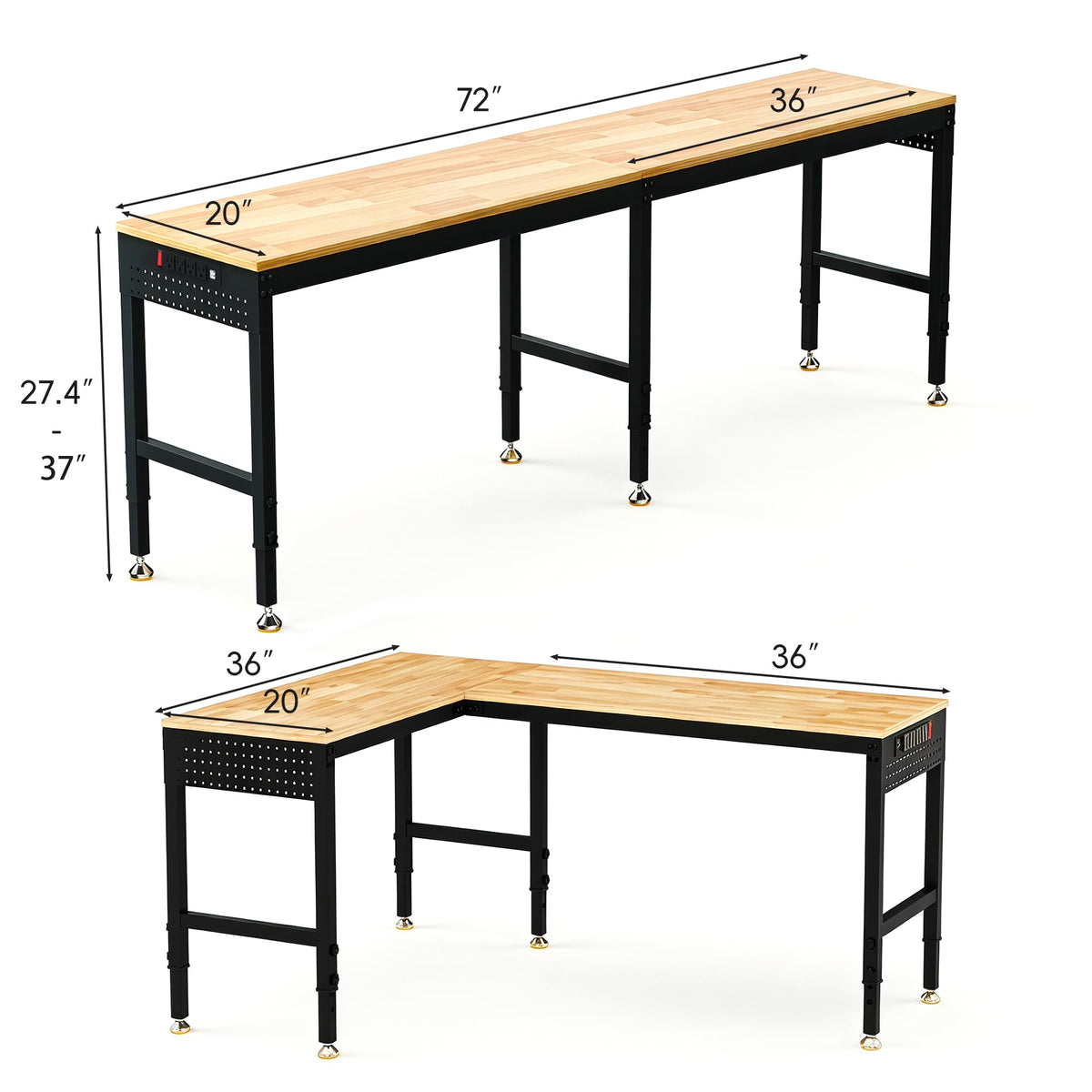 Betterhood 48" Heavy-Duty Adjustable Workbench for Garage, Rubber Wood Shop Table W/Metal Wheels, Hardwood Workstation Weight Capacity Over 2000 Lbs with Wheels