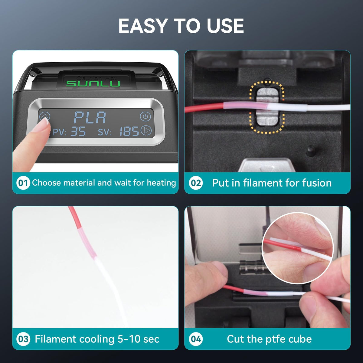 SUNLU Filament Connector, Filament Splicer with 200Pcs PTFE Sleeve for 3D Printer Filament 1.75mm, Fast Heating Up to 240°C, Compatible with PLA PETG TPU ABS PA Nylon