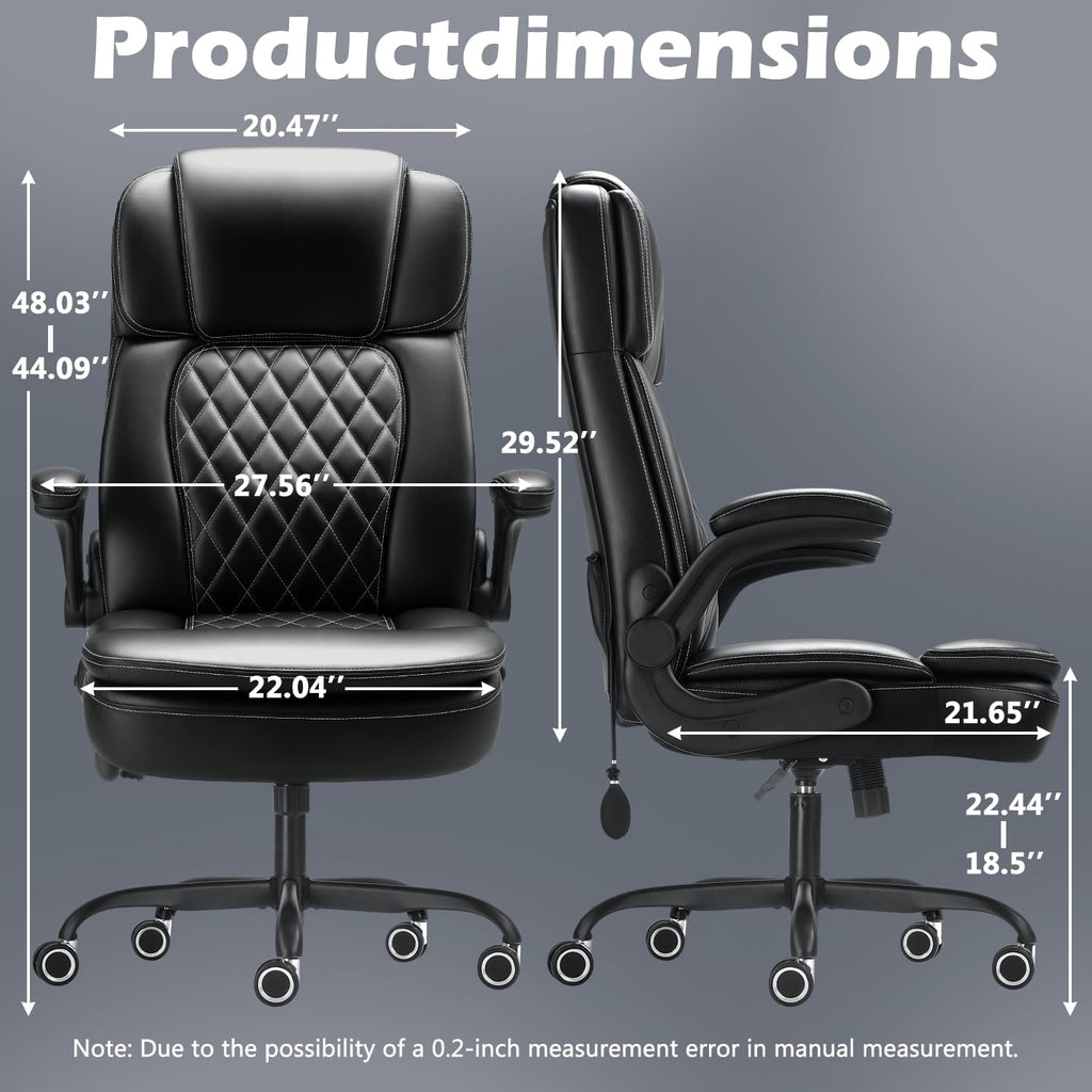 450LBS Big and Tall Executive Office Chair with Flip up Arm, Heavy Duty PU Leather Computer Desk Chair,Comfortable High Back Swivel Home Office Chair with Rolling for Adults,Spring Cushion,Metal Base