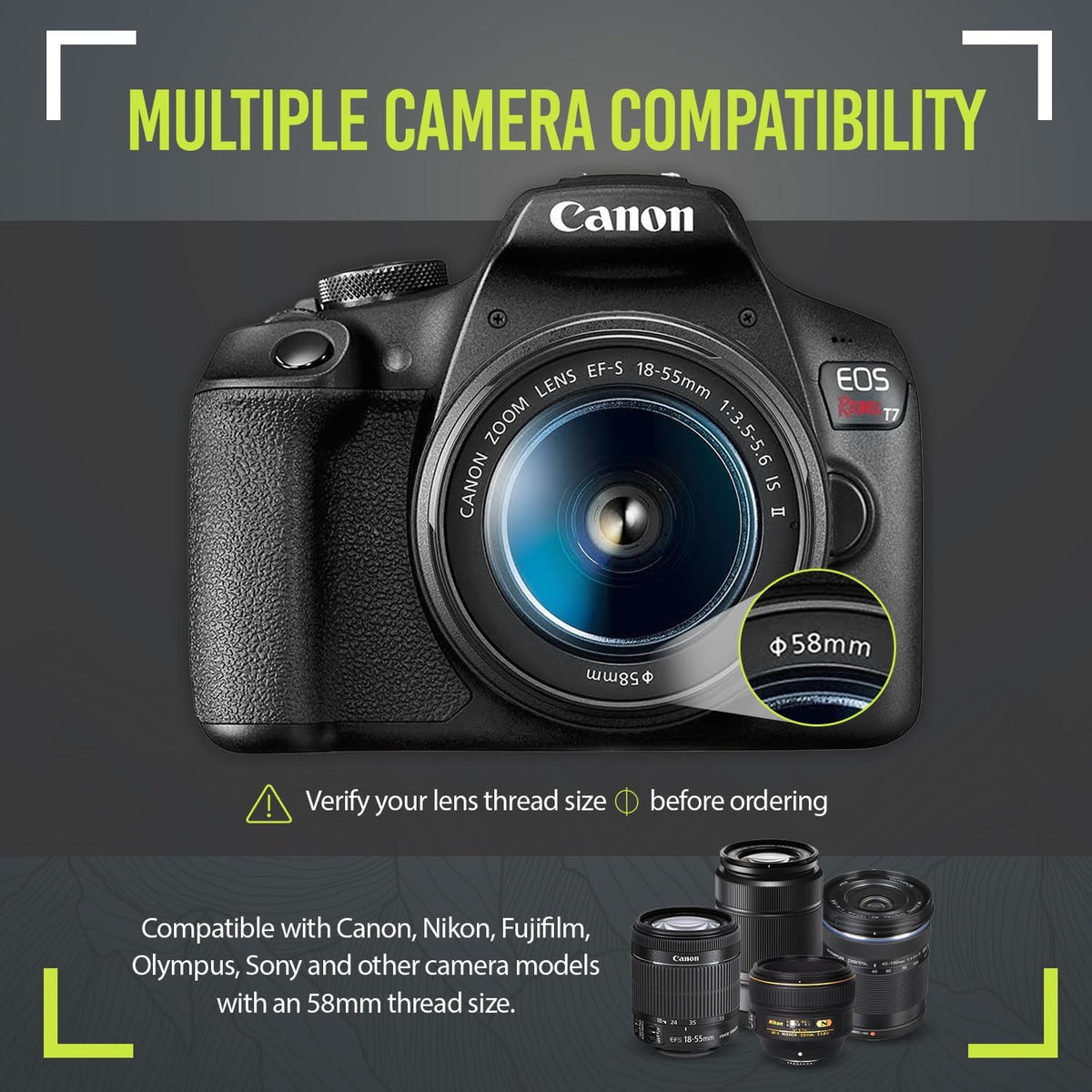 Ultra Deluxe Lens Kit for Canon Rebel T3, T5, T5i, T6, T6i, T7, T7i, EOS 80D, EOS 77D Cameras with Canon EF-S 18-55mm is II Lens - Includes: 7pc 58mm Filter Set + 58mm Wide Angle and Telephoto Lens