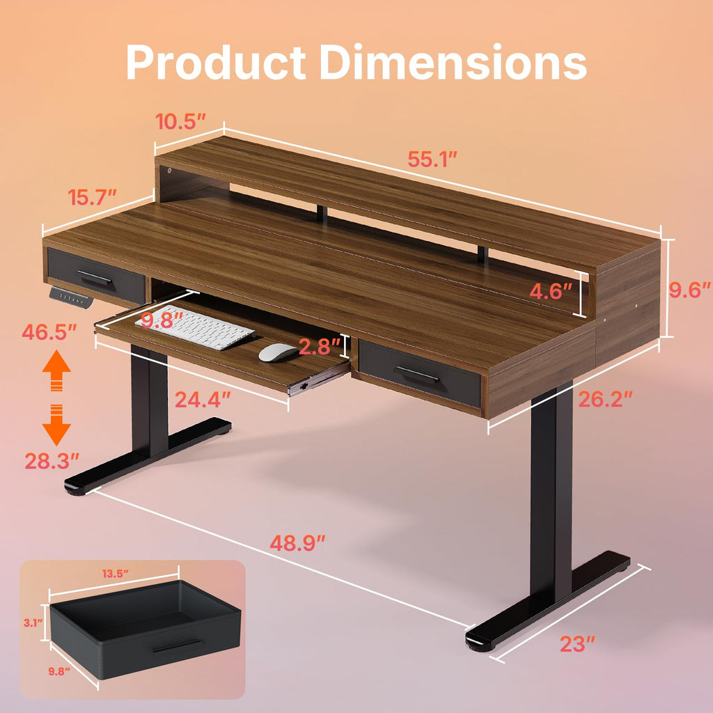HUANUO 55″ x 26″ Electric Standing Desk with 2 Drawers &24.4″ Large Keyboard Tray, C-Clamp Mount Compatible, Adjustable Computer Desk for Office, Sit Stand Up Desk with 4 Height Presets, Light Walnut