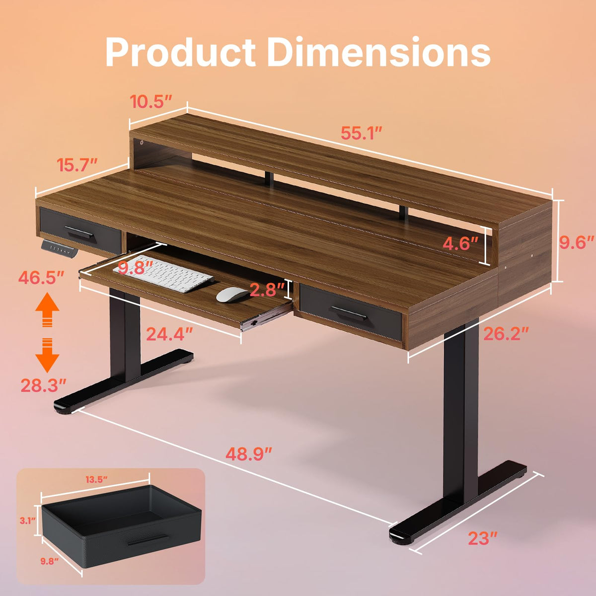 HUANUO 55″ x 26″ Electric Standing Desk with 2 Drawers &24.4″ Large Keyboard Tray, C-Clamp Mount Compatible, Adjustable Computer Desk for Office, Sit Stand Up Desk with 4 Height Presets, Light Walnut