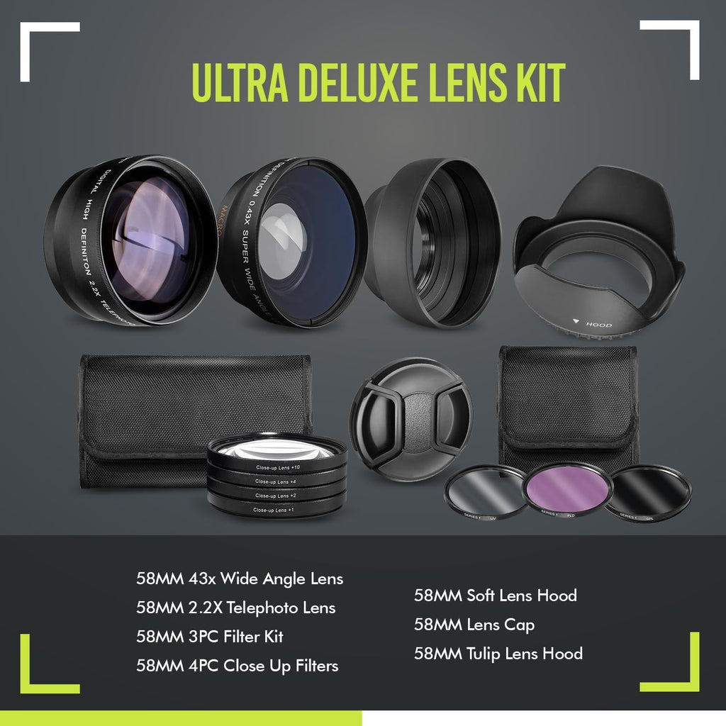 Ultra Deluxe Lens Kit for Canon Rebel T3, T5, T5i, T6, T6i, T7, T7i, EOS 80D, EOS 77D Cameras with Canon EF-S 18-55mm is II Lens - Includes: 7pc 58mm Filter Set + 58mm Wide Angle and Telephoto Lens