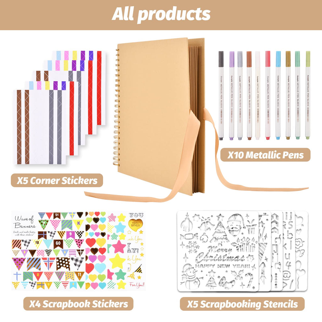 Gotideal 80 Pages Scrapbook Album with 10 Metallic Markers, Black
