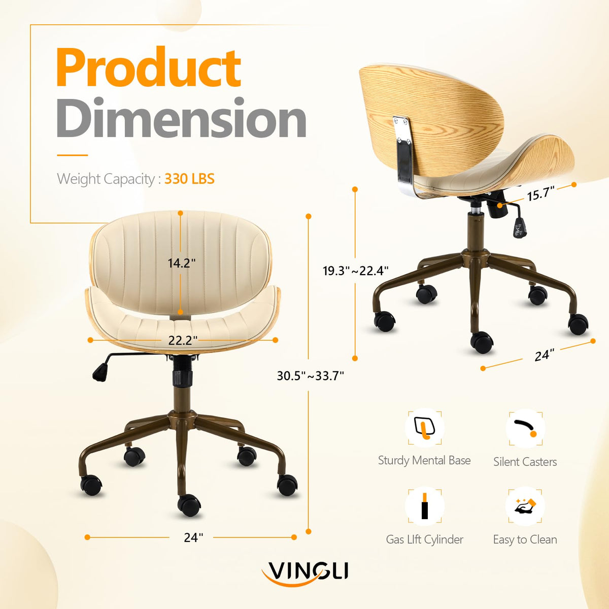 VINGLI Wide Comfotable Swivel Home Office Chair with Wood-Grain Curved Shell,Ergomomic Mid-Back Padded Armless Modern Desk Chair with Wheels,Height Adjustable for Computer,Task,Work,Microfiber,Rustic
