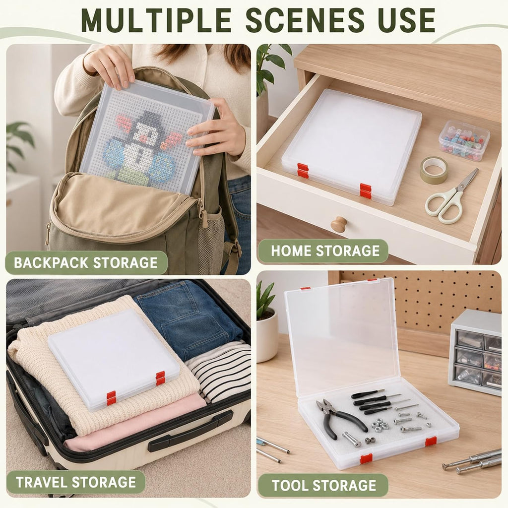 TOSGN 2 Pack Fuse Bead Storage Box, Clear Plastic Project Case with Removable Foam Pads and Secure Snap Latches, 12.6 x 12.4 x 1 in Craft Storage Organizer for Unfinished Bead Art and Pegboards