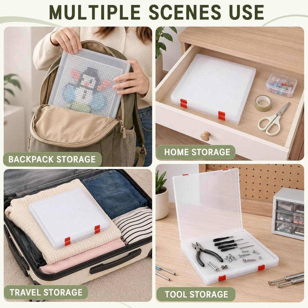 TOSGN 2 Pack Fuse Bead Storage Box, Clear Plastic Project Case with Removable Foam Pads and Secure Snap Latches, 12.6 x 12.4 x 1 in Craft Storage Organizer for Unfinished Bead Art and Pegboards