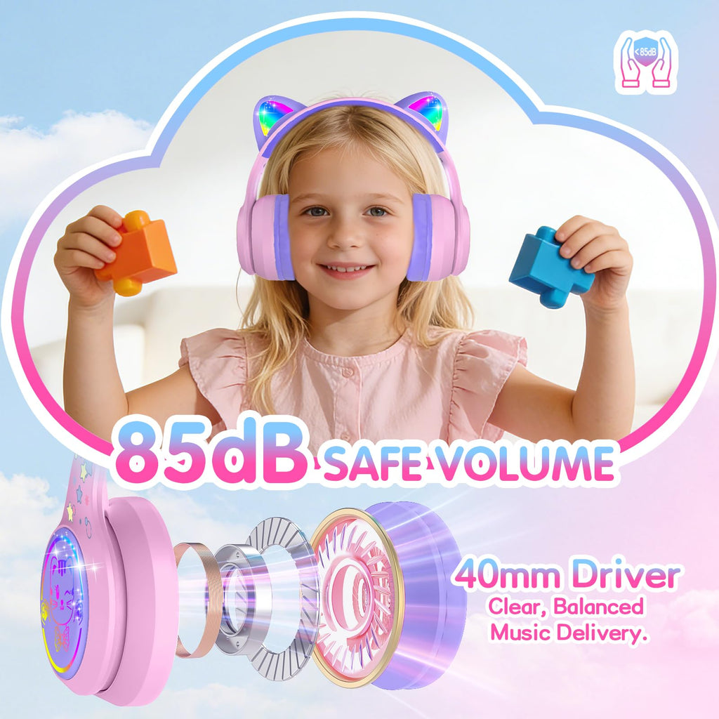 IFECCO Kids Bluetooth Headphones with Case,Cute LED Light Up Cat Ears