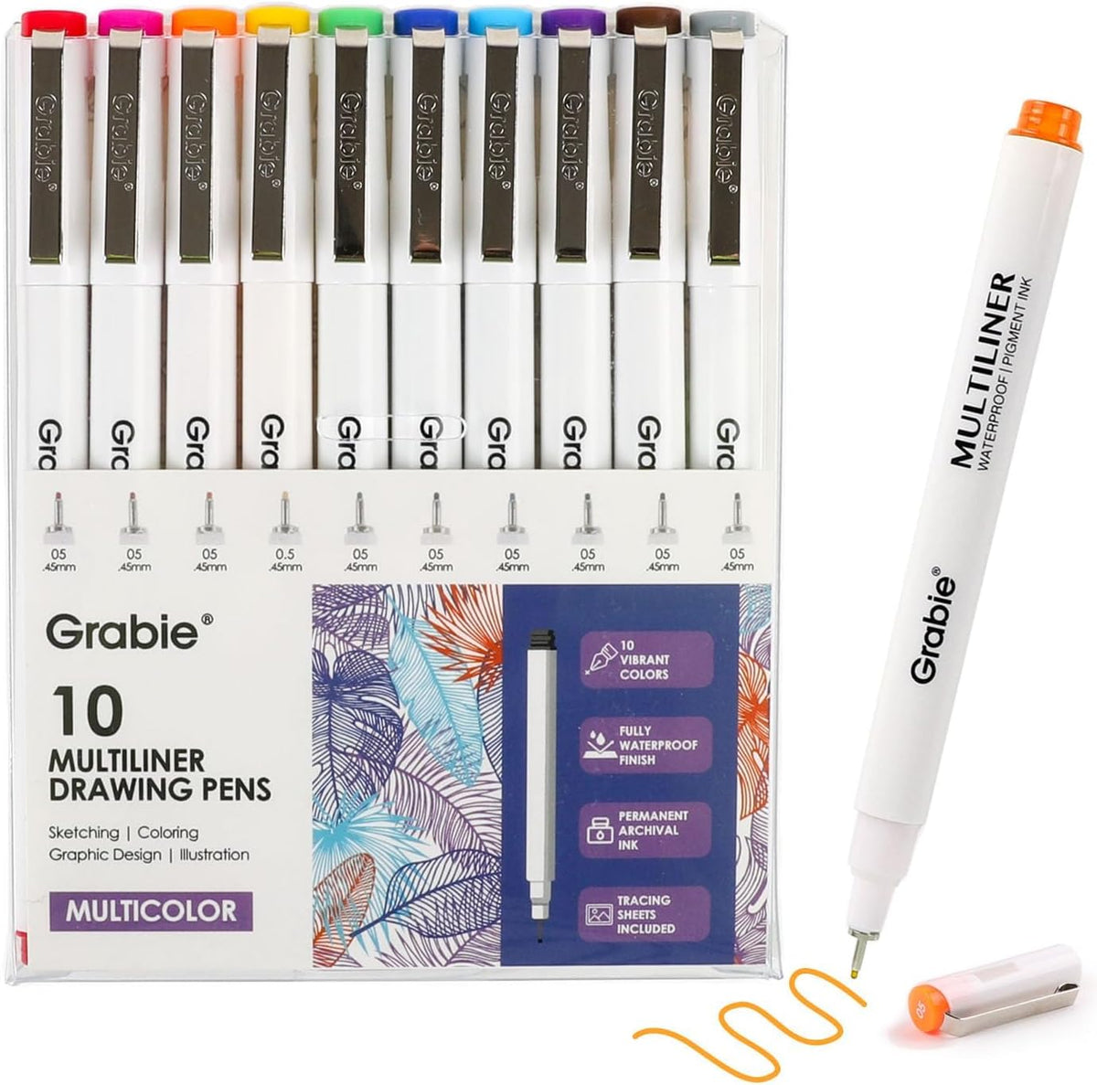Grabie Micro Fineliner Pens, 10 Multicolor Waterproof Drawing Pens