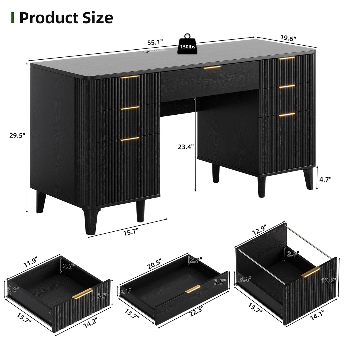 55.1" Fluted Executive Desk with Drawers, Wood Computer Desk with Storage Cabinet, Home Office Desk with Charging Station, Farmhouse Desk with File Cabinet for Office Home (Nature)