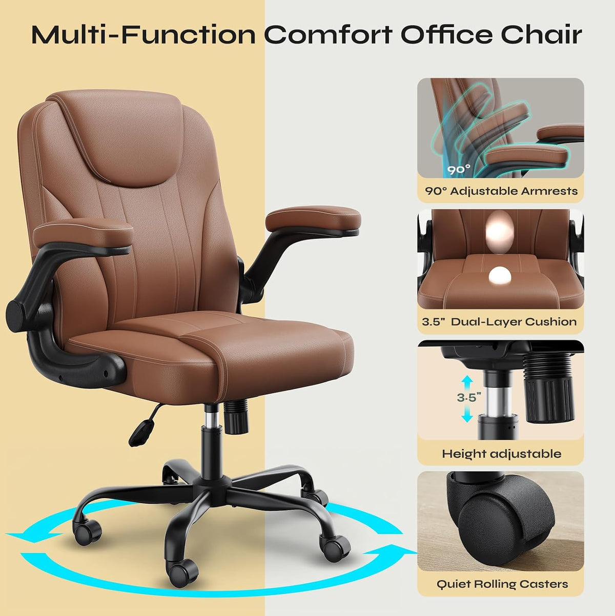 PU Leather Mid-Back Office Chair, Flip-Up Arms, 3.5" Dual-Layer Cushion