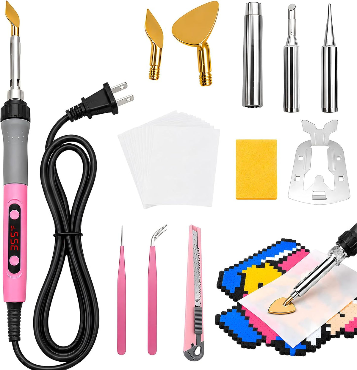 Fuse Bead Repair Iron, Mini Touch-Up Kit for Ironing Beads and Melty Beads, 90W Fast Heating with Precise Temperature Control and Auto Sleep, for Pegboards and DIY Crafts (Pink)