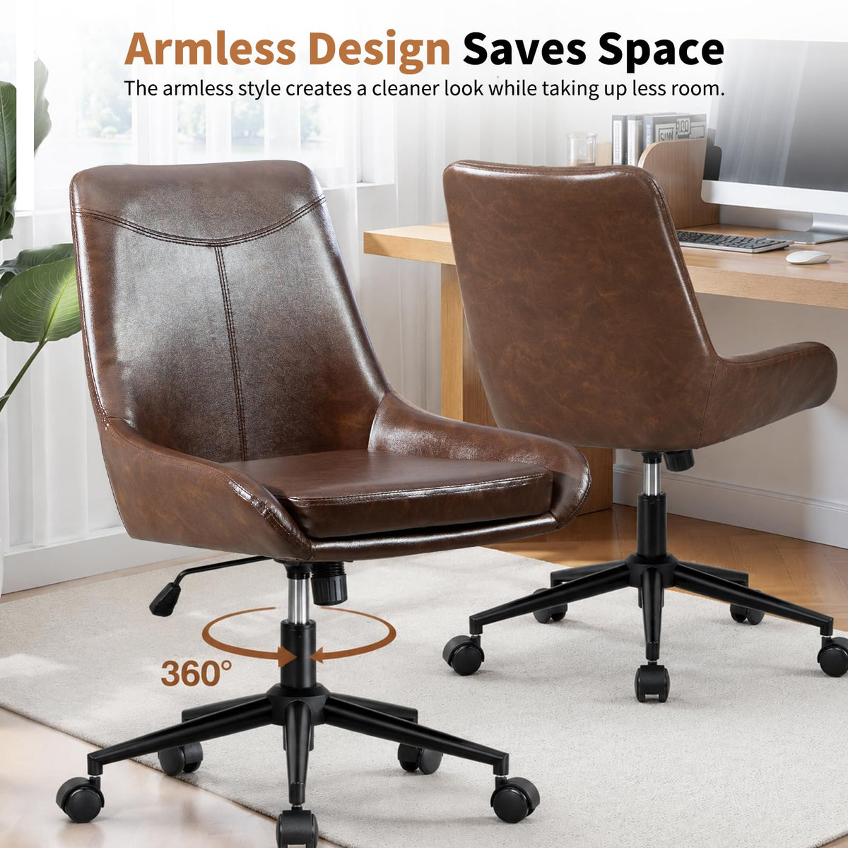 Home Armless Office Desk Chair, Linen Small Computer Chair with Adjustable Height, Removable Cushion, Comfy Rolling 360° Swivel Vanity Task Chair, Blue