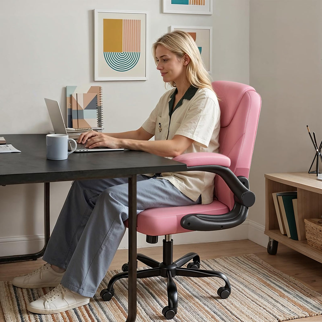 PU Leather Mid-Back Office Chair, Flip-Up Arms, 3.5" Dual-Layer Cushion