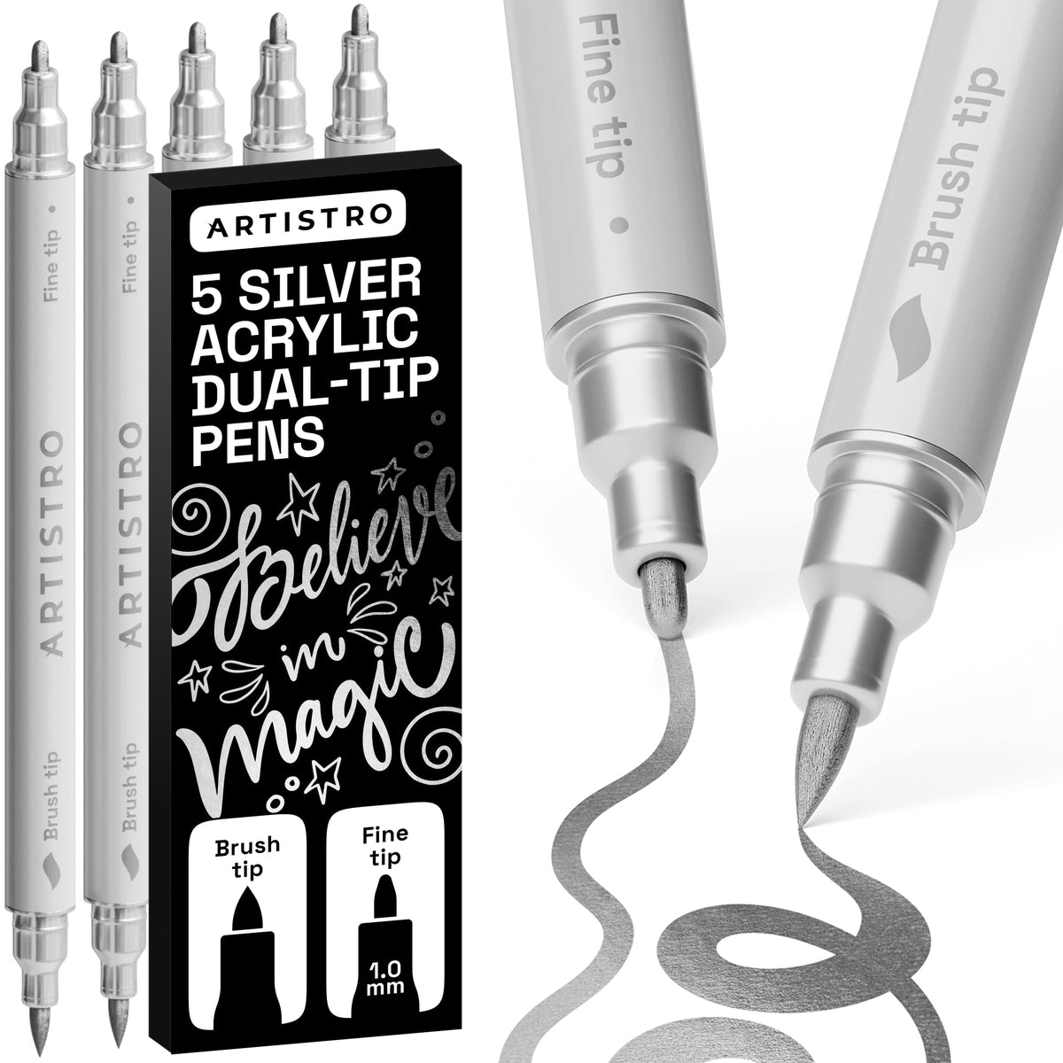 ARTISTRO Dual-Tip Acrylic Paint Markers – 1mm Fine & 1–5mm Brush Tip | ASTM D4236 Safe, Multi-Surface