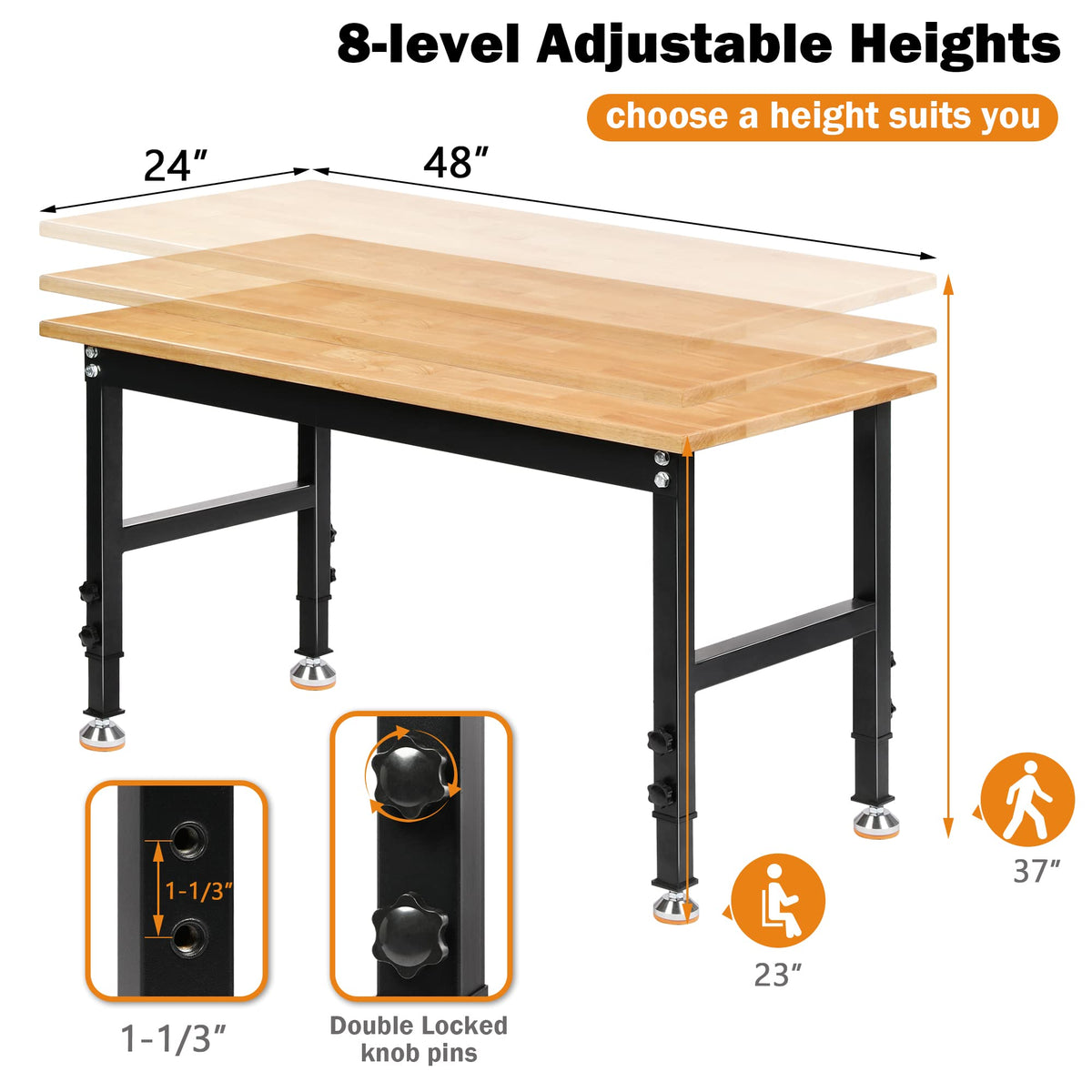 Betterhood 48" Heavy-Duty Adjustable Workbench for Garage, Rubber Wood Shop Table W/Metal Wheels, Hardwood Workstation Weight Capacity Over 2000 Lbs with Wheels