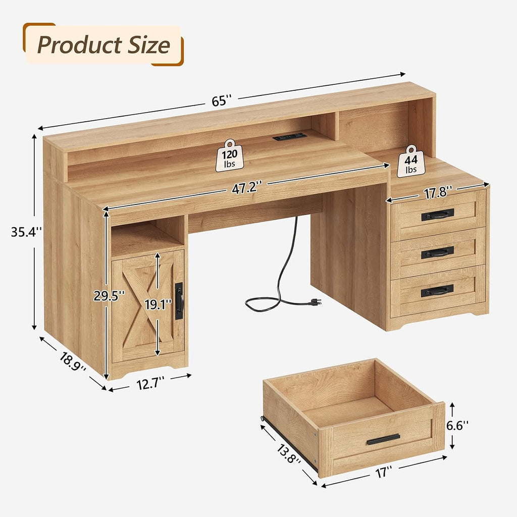 65" Farmhouse Computer Desk with Drawers and Printer Stand for Home Office