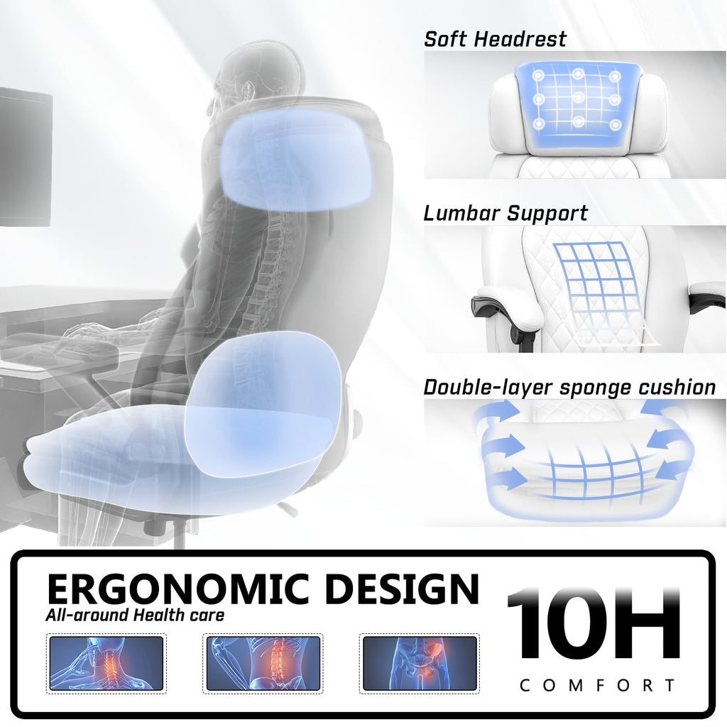 400lbs Executive Office Chair with Foot Rest for Heavy People, Ergonomic Big and Tall Desk Chair with Adjustable Headrest, High Back PU Leather Comfy Heavy Duty Computer Chair with Spring Cushion
