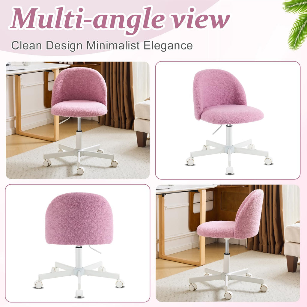VINGLI Cute Candy Chair Armless Comfy Small Office Desk Vanity Chair with Wheels & Lumbar Support,Teddy Adjustable Rolling Swivel Computer Task Ch for Home Office,Bedroom,Gentle Pink